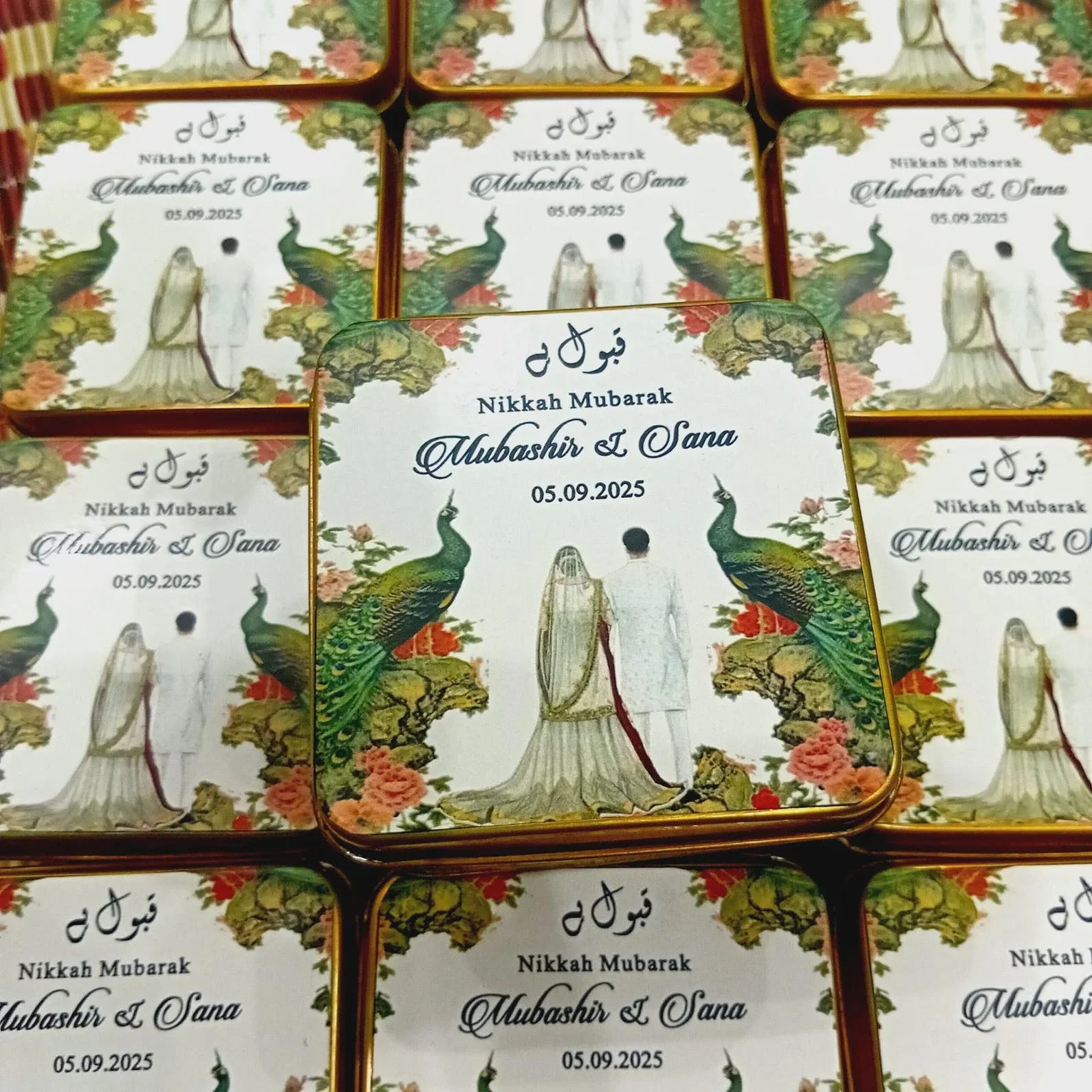 Qubool ha Peacock Wedding Favor Square Tin Boxes UK