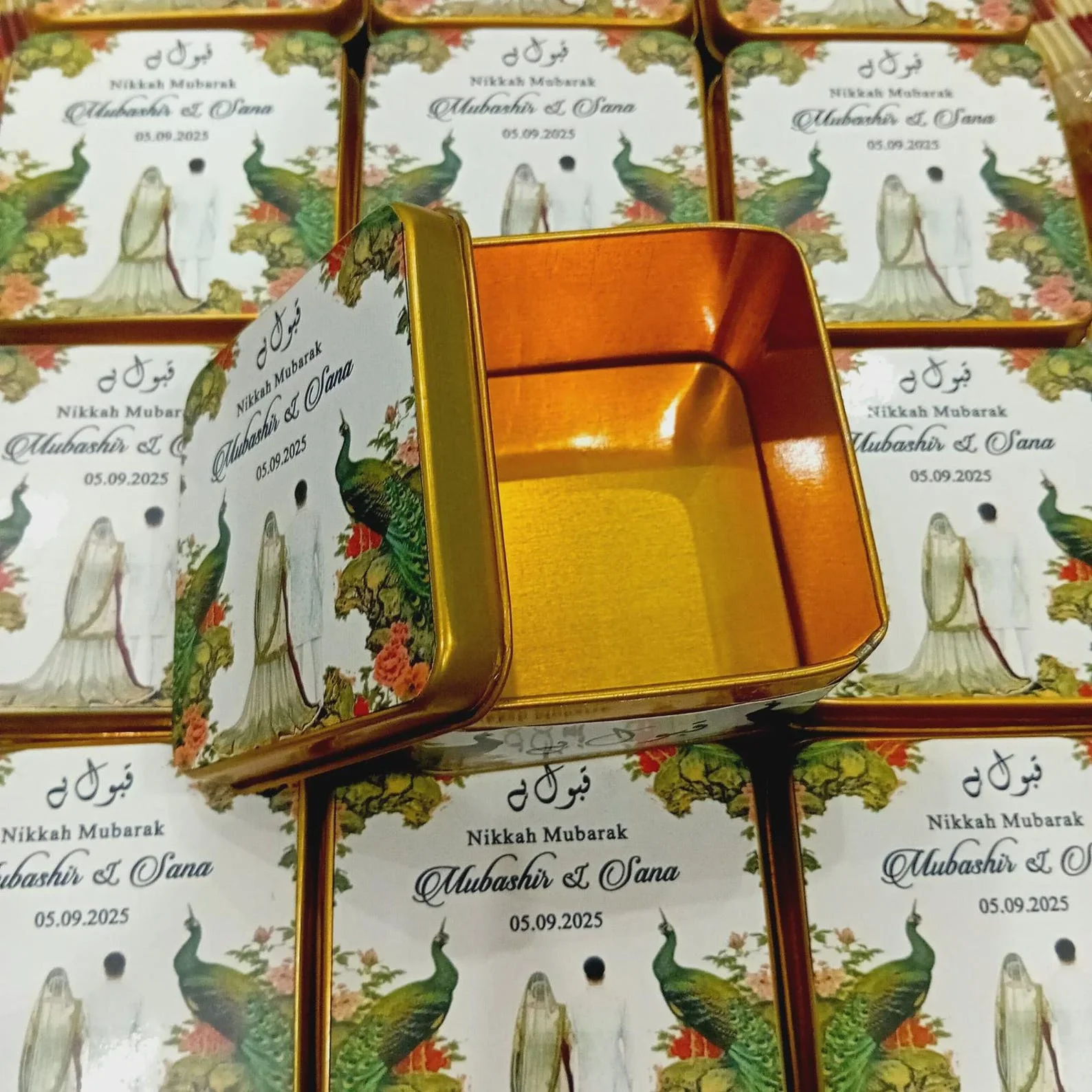 Qubool ha Peacock Wedding Favor Square Tin Boxes UK